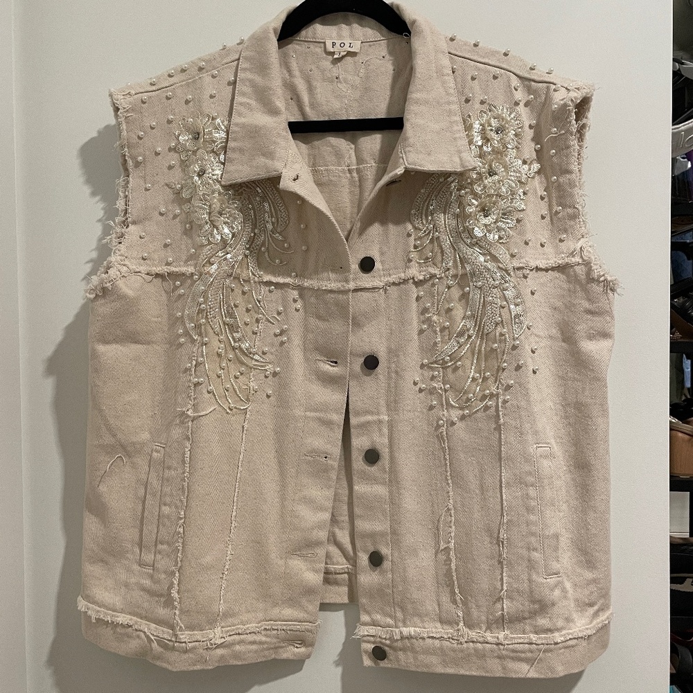 Cream Jean Vest with Floral Detail